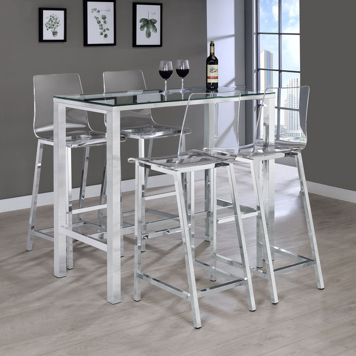 Tolbert 5-piece Bar Set with Acrylic Chairs Clear and Chrome - U&U Home Budget Furniture (Carteret, NJ)