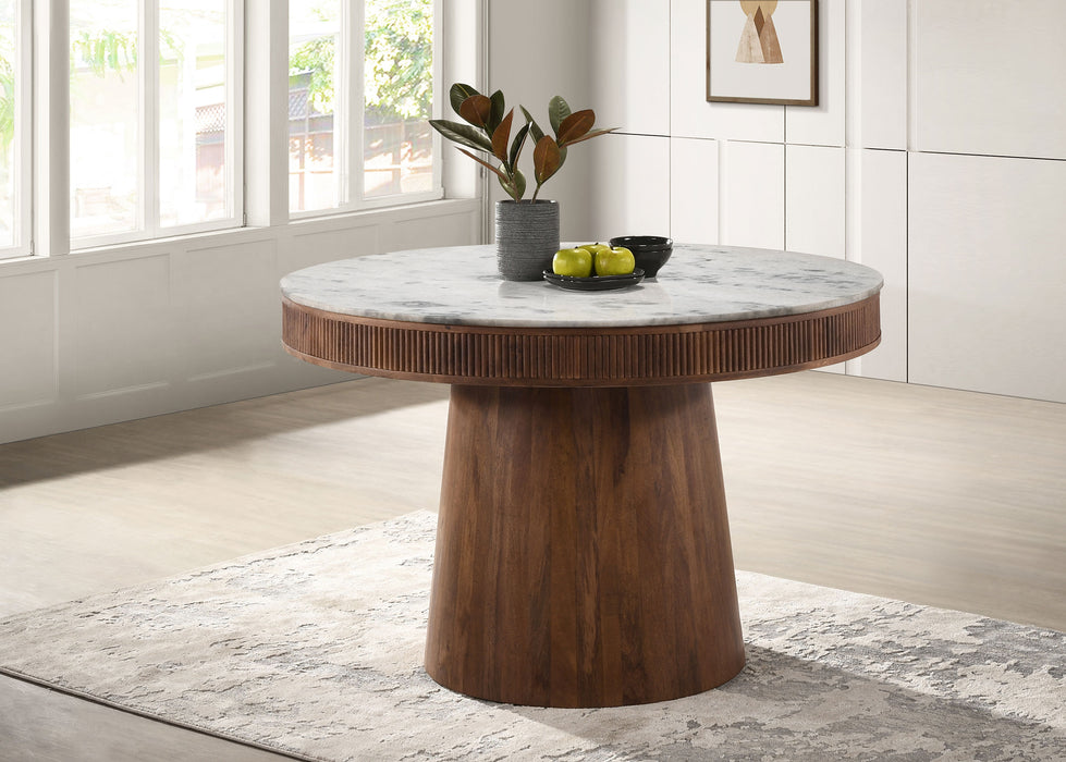 Ortega Round Marble Top Solid Base Dining Table White and Natural - U&U Home Budget Furniture (Carteret, NJ)