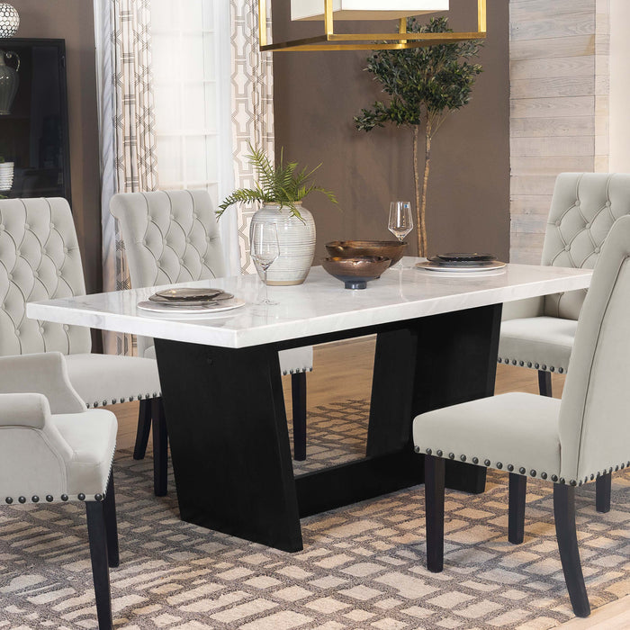 Sherry Trestle Base Marble Top Dining Table Espresso and White - U&U Home Budget Furniture (Carteret, NJ)