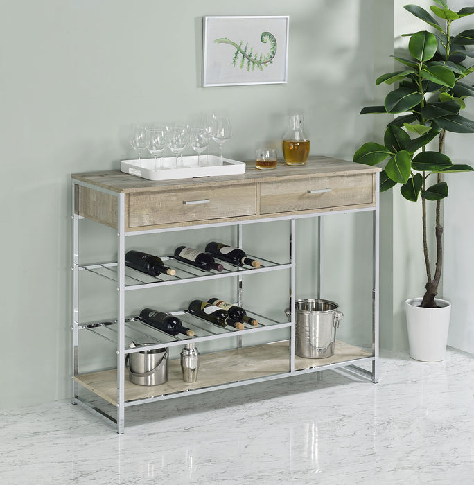 Melrose 2-shelf Wine Cabinet with 2 Drawers Gray Washed Oak and Chrome - U&U Home Budget Furniture (Carteret, NJ)
