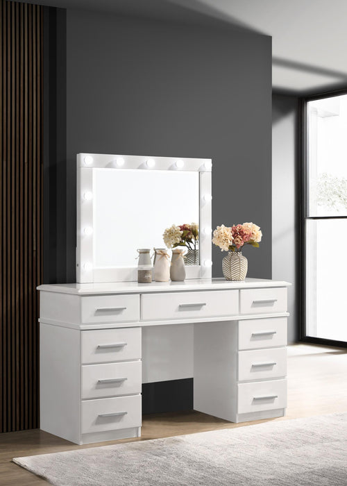Felicity 9-drawer Vanity Desk with Lighted Mirror Glossy White - U&U Home Budget Furniture (Carteret, NJ)