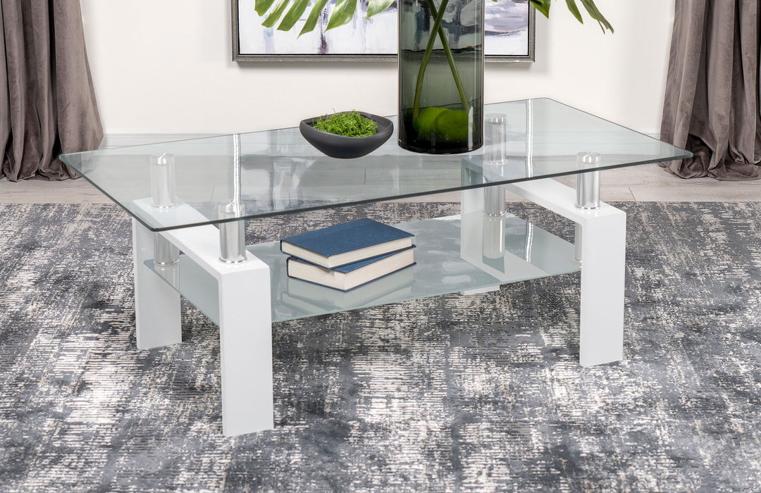 Dyer Rectangular Glass Top Coffee Table With Shelf White - U&U Home Budget Furniture (Carteret, NJ)