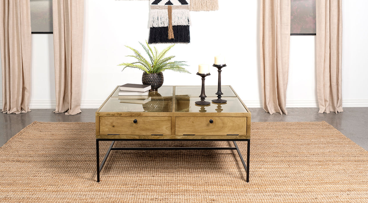 Stephie 4-drawer Square Clear Glass Top Coffee Table Honey Brown - U&U Home Budget Furniture (Carteret, NJ)
