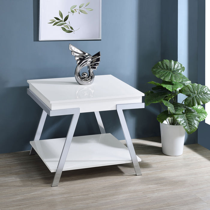 Marcia Wood Rectangular End Table White High Gloss and Chrome - U&U Home Budget Furniture (Carteret, NJ)