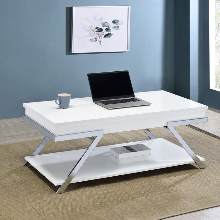 Marcia Wood Rectangular Lift Top Coffee Table White High Gloss and Chrome - U&U Home Budget Furniture (Carteret, NJ)