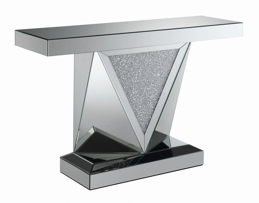 Amore Rectangular Sofa Table with Triangle Detailing Silver and Clear Mirror - U&U Home Budget Furniture (Carteret, NJ)
