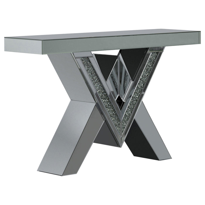 Taffeta V-shaped Sofa Table with Glass Top Silver - U&U Home Budget Furniture (Carteret, NJ)
