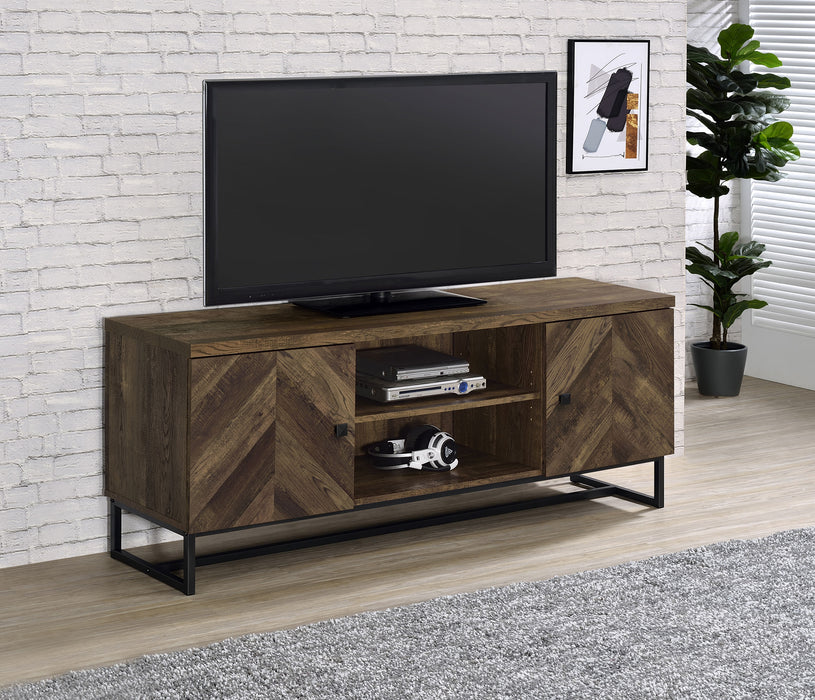 Myles 2-door TV Console with Adjustable Shelves Rustic Oak Herringbone - U&U Home Budget Furniture (Carteret, NJ)