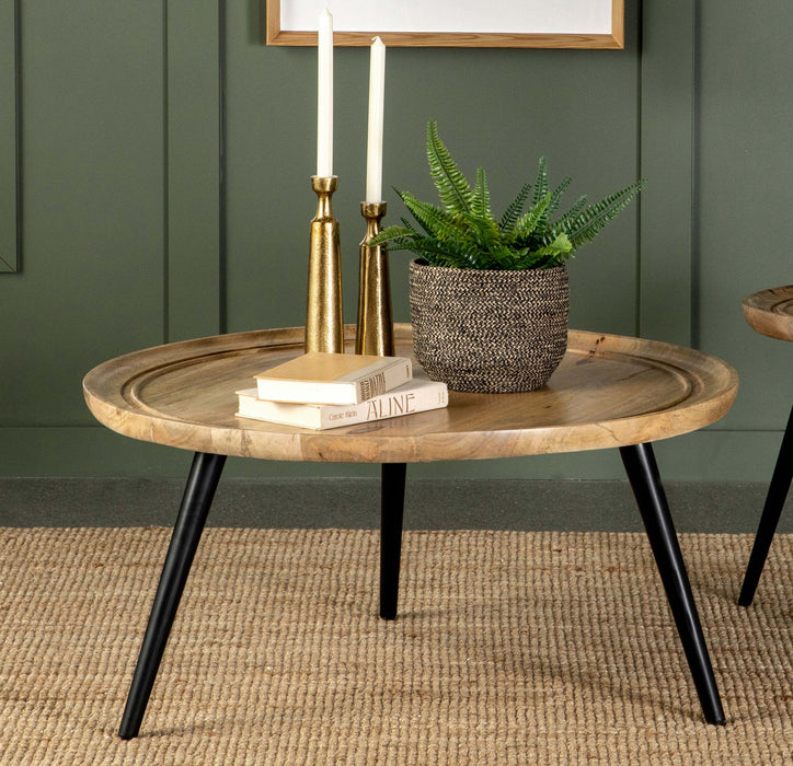 Zoe Round Coffee Table with Trio Legs Natural and Black - U&U Home Budget Furniture (Carteret, NJ)