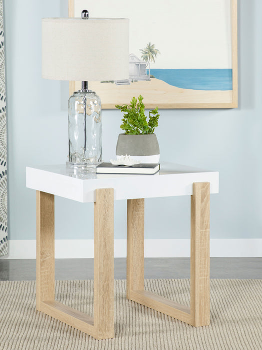 Pala Rectangular End Table with Sled Base White High Gloss and Natural - U&U Home Budget Furniture (Carteret, NJ)