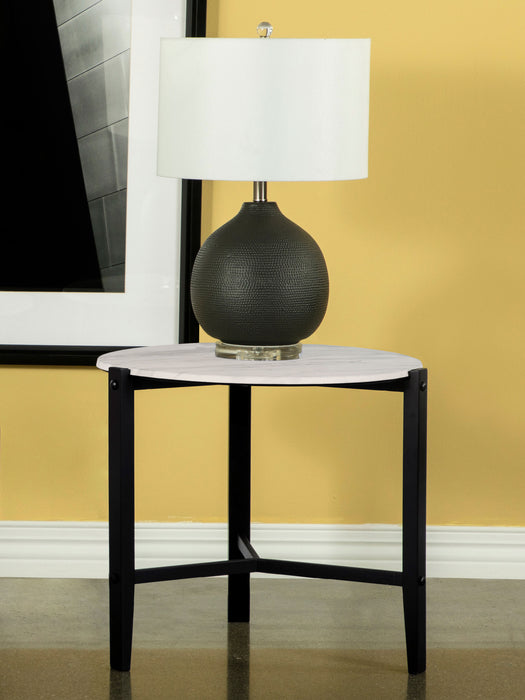 Tandi Round End Table Faux White Marble and Black - U&U Home Budget Furniture (Carteret, NJ)
