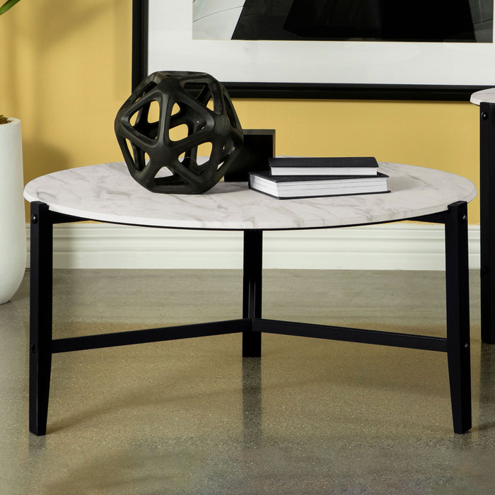 Tandi Round Coffee Table Faux White Marble and Black - U&U Home Budget Furniture (Carteret, NJ)