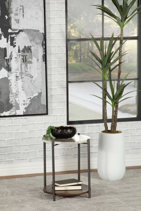 Noemie Round Accent Table with Marble Top White and Gunmetal - U&U Home Budget Furniture (Carteret, NJ)
