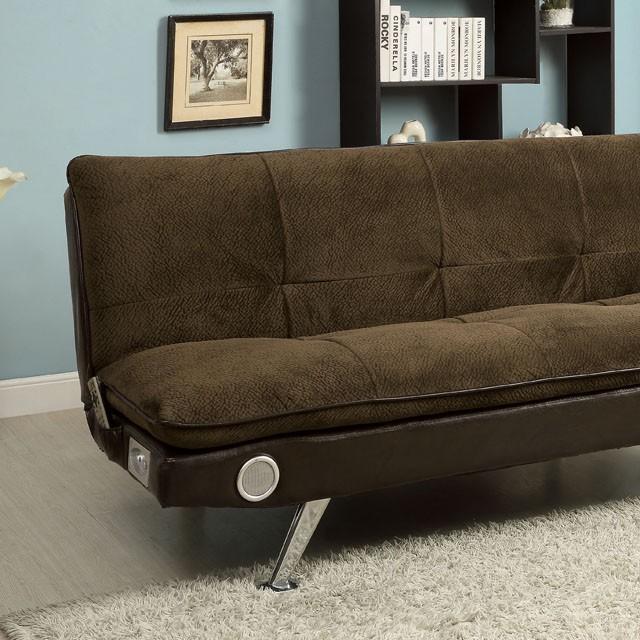 GALLAGHER Dark Brown/Chrome Futon Sofa w/ Bluetooth Speaker, Brown - U&U Home Budget Furniture (Carteret, NJ)