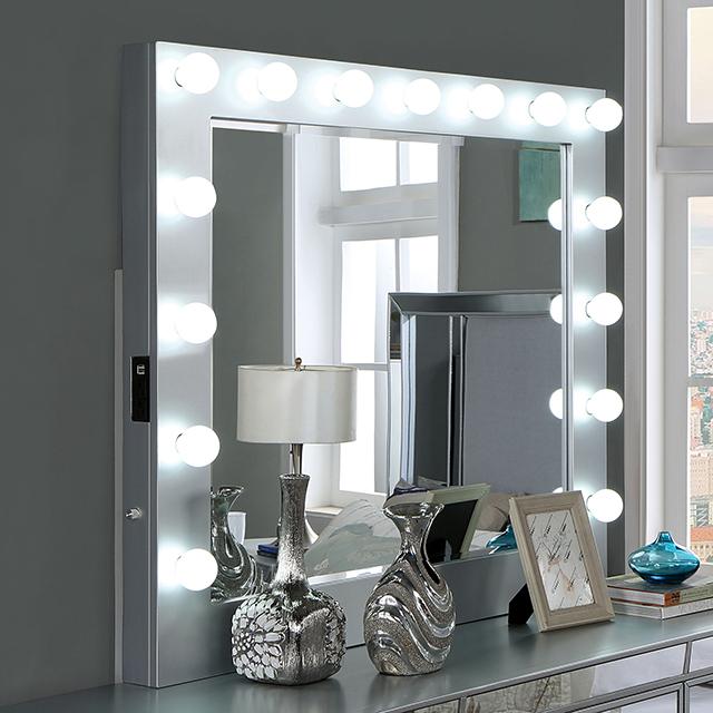 BELLADONNA Mirror w/ USB, Power, Light, Silver - U&U Home Budget Furniture (Carteret, NJ)