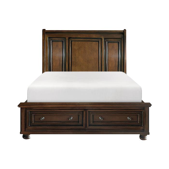 Cumberland King Sleigh Platform Bed with Footboard Storage in Brown Cherry - U&U Home Budget Furniture (Carteret, NJ)