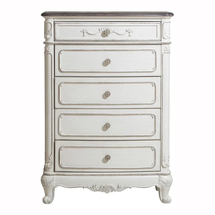 Cinderella 5 Drawer Chest in Antique White with Grey Rub-Through - U&U Home Budget Furniture (Carteret, NJ)