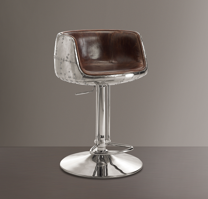 Brancaster Vintage Brown Top Grain Leather & Aluminum Adjustable Stool (1Pc) - U&U Home Budget Furniture (Carteret, NJ)