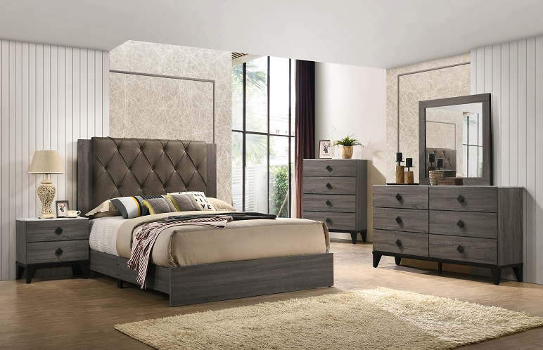 Avantika Fabric & Rustic Gray Oak Eastern King Bed - U&U Home Budget Furniture (Carteret, NJ)