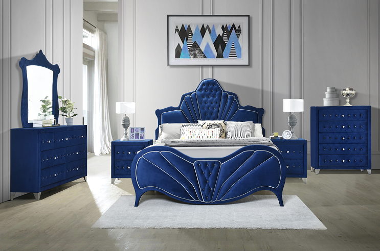 Dante Blue Velvet Eastern King Bed - U&U Home Budget Furniture (Carteret, NJ)