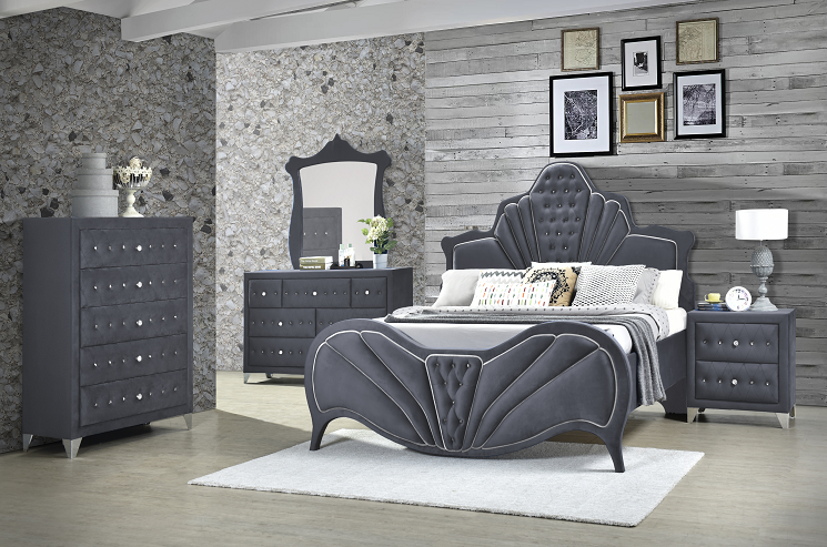 Dante Gray Velvet Queen Bed - U&U Home Budget Furniture (Carteret, NJ)