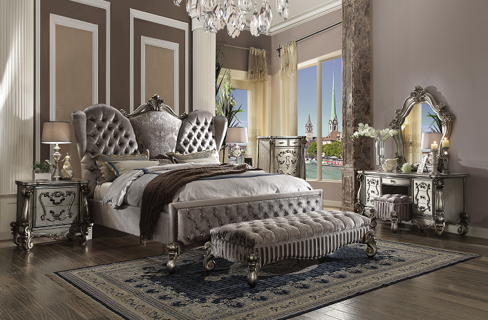 Versailles Velvet & Antique Platinum Queen Bed - U&U Home Budget Furniture (Carteret, NJ)