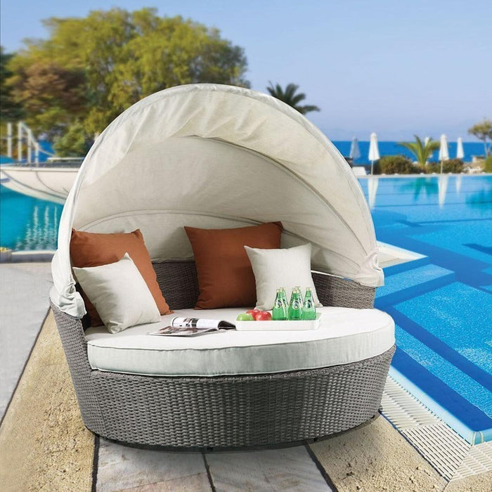 Acme Salena Patio Canopy Sofa with Ottoman in Beige Fabric & Gray Wicker 45025 - U&U Home Budget Furniture (Carteret, NJ)