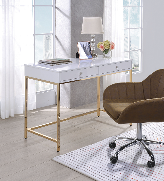 Ottey White High Gloss & Gold Desk - U&U Home Budget Furniture (Carteret, NJ)