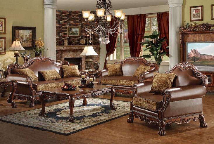 Dresden Brown PU & Chenille, Cherry Oak 3-Piece Living Room Set - U&U Home Budget Furniture (Carteret, NJ)