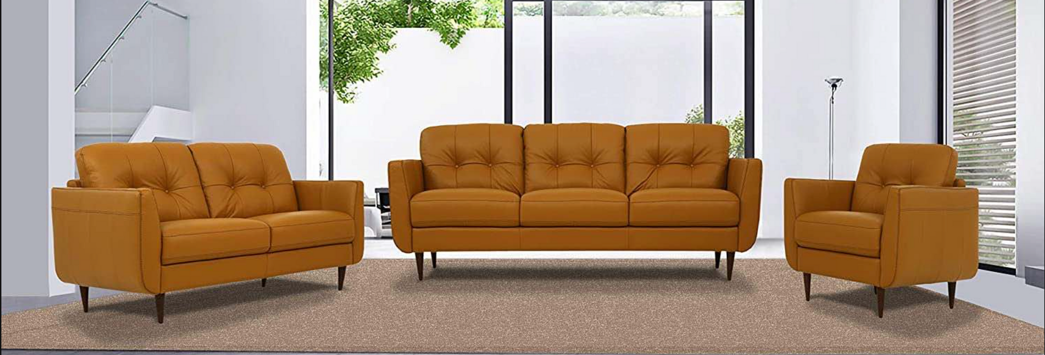 Radwan Pesto Camel Leather 3-Piece Living Room Set - U&U Home Budget Furniture (Carteret, NJ)
