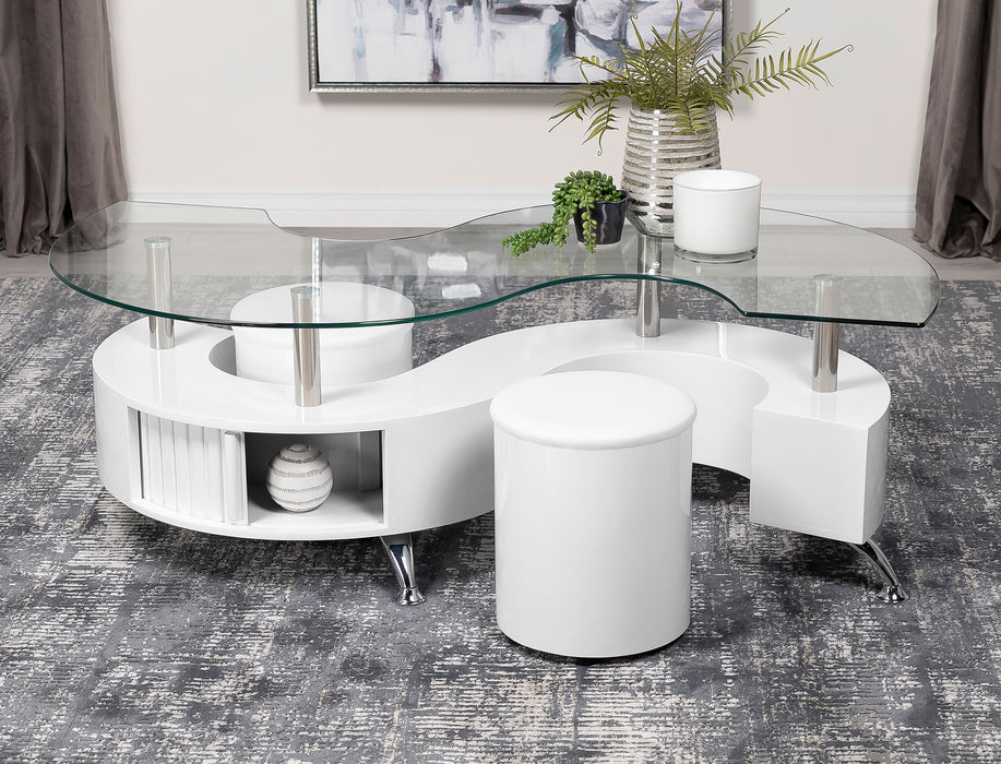 Buckley Curved Glass Top Coffee Table With Stools White High Gloss - U&U Home Budget Furniture (Carteret, NJ)
