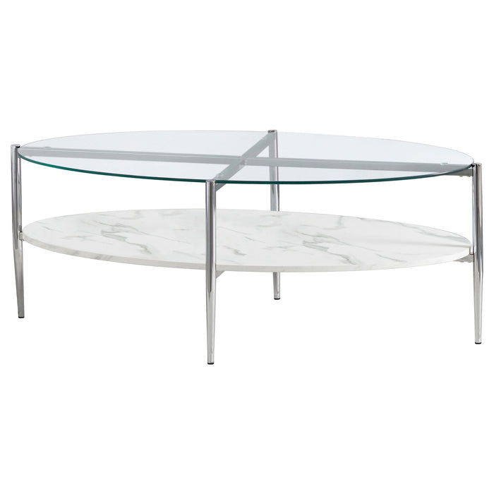 Cadee Round Glass Top Coffee Table White and Chrome - U&U Home Budget Furniture (Carteret, NJ)