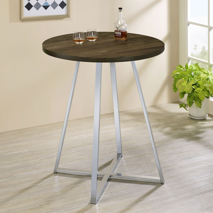 Burkhart Sled Base Round Bar Table Brown Oak and Chrome - U&U Home Budget Furniture (Carteret, NJ)