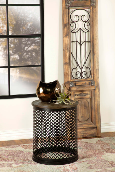 Aurora Round Accent Table with Drum Base Natural and Black - U&U Home Budget Furniture (Carteret, NJ)