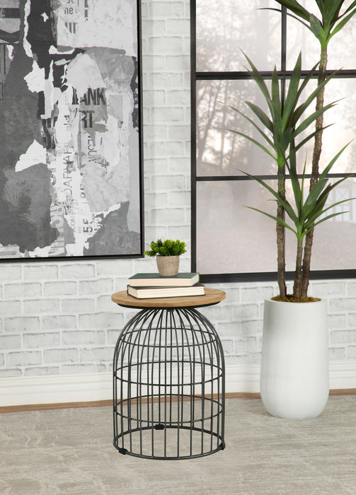 Bernardo Round Accent Table with Bird Cage Base Natural and Gunmetal - U&U Home Budget Furniture (Carteret, NJ)