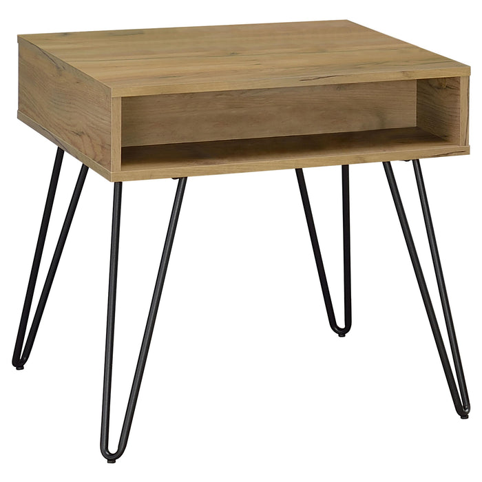 Fanning Square End Table with Open Compartment Golden Oak and Black - U&U Home Budget Furniture (Carteret, NJ)