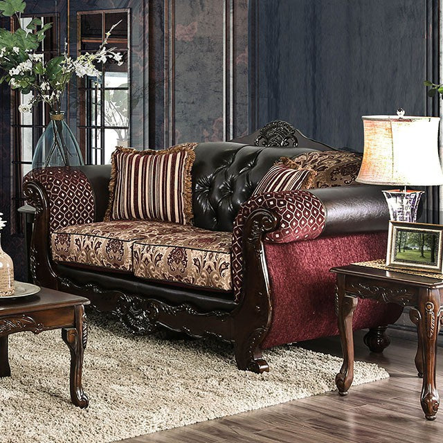 Quirino Burgundy/Dark Brown Love Seat - U&U Home Budget Furniture (Carteret, NJ)