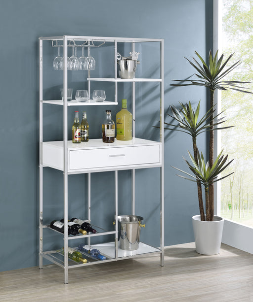 Figueroa 5-shelf Wine Cabinet with Storage Drawer White High Gloss and Chrome - U&U Home Budget Furniture (Carteret, NJ)