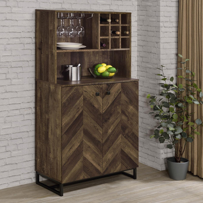 Mendoza 2-door Wine Cabinet Rustic Oak Herringbone and Gunmetal - U&U Home Budget Furniture (Carteret, NJ)
