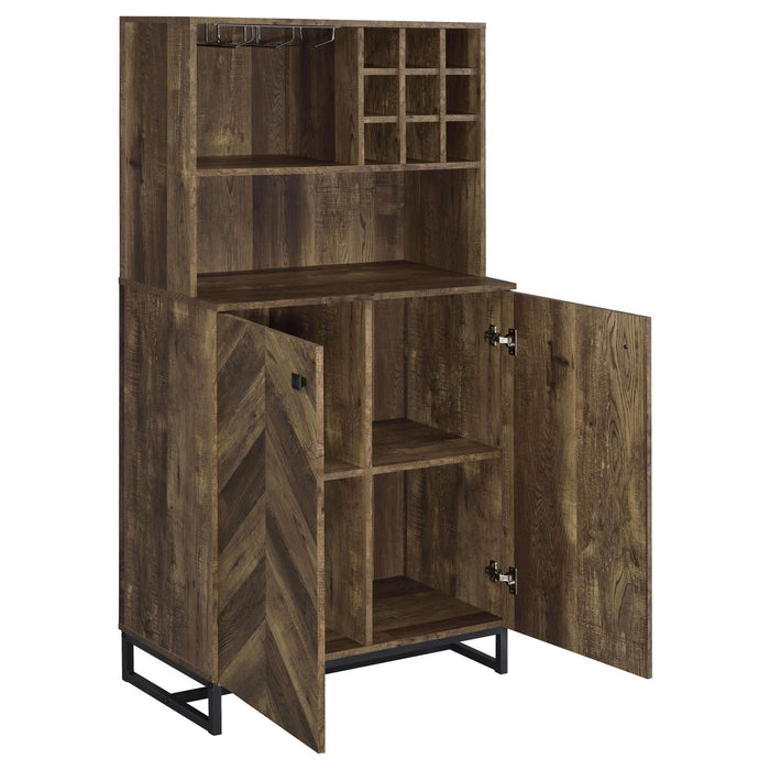 Mendoza 2-door Wine Cabinet Rustic Oak Herringbone and Gunmetal - U&U Home Budget Furniture (Carteret, NJ)