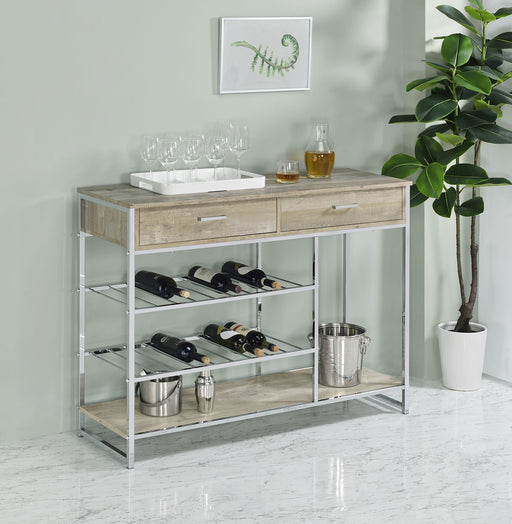 Melrose 2-shelf Wine Cabinet with 2 Drawers Gray Washed Oak and Chrome - U&U Home Budget Furniture (Carteret, NJ)