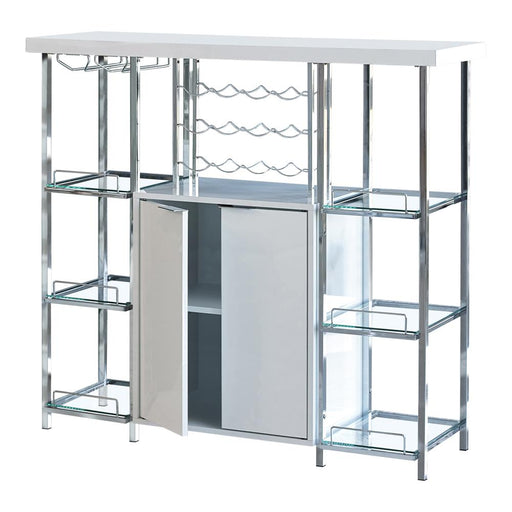 Gallimore 2-door Bar Cabinet with Glass Shelf High Glossy White and Chrome - U&U Home Budget Furniture (Carteret, NJ)