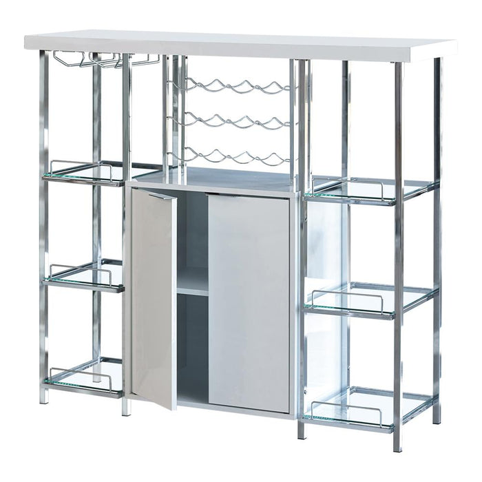 Gallimore 2-door Bar Cabinet with Glass Shelf High Glossy White and Chrome - U&U Home Budget Furniture (Carteret, NJ)