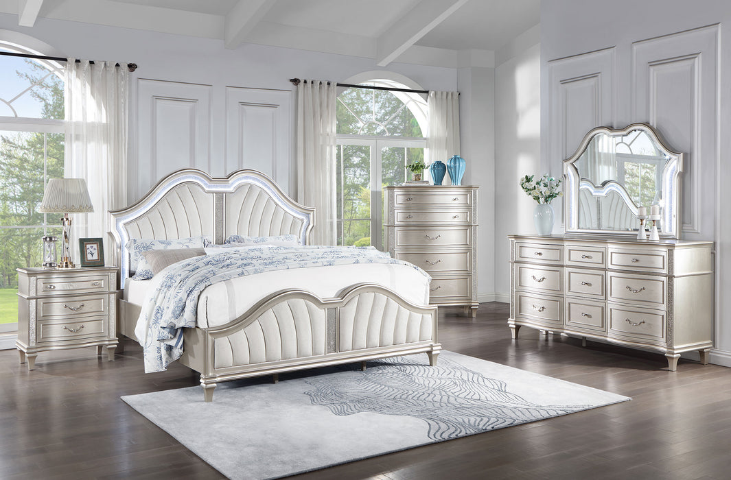 Evangeline Upholstered Platform Bedroom Set Ivory and Silver Oak - U&U Home Budget Furniture (Carteret, NJ)