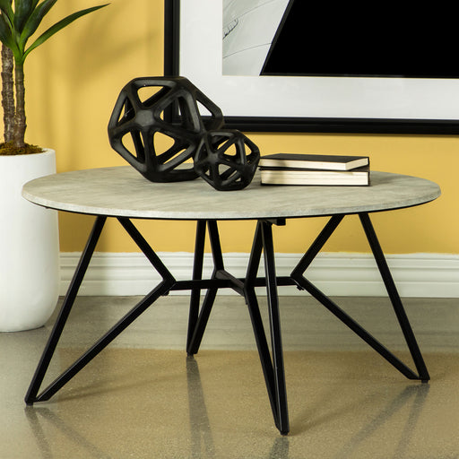 Hadi Round Coffee Table with Hairpin Legs Cement and Gunmetal - U&U Home Budget Furniture (Carteret, NJ)