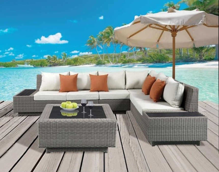Acme Salena Patio Sectional with Cocktail Table in Beige Fabric & Gray Wicker 45020 - U&U Home Budget Furniture (Carteret, NJ)