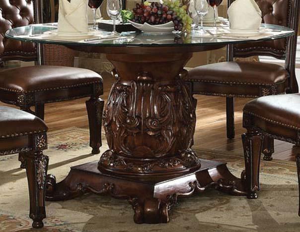 Acme Vendome Single Pedestal Dining Table with 54" Tempered Glass Top in Cherry 62010 - U&U Home Budget Furniture (Carteret, NJ)