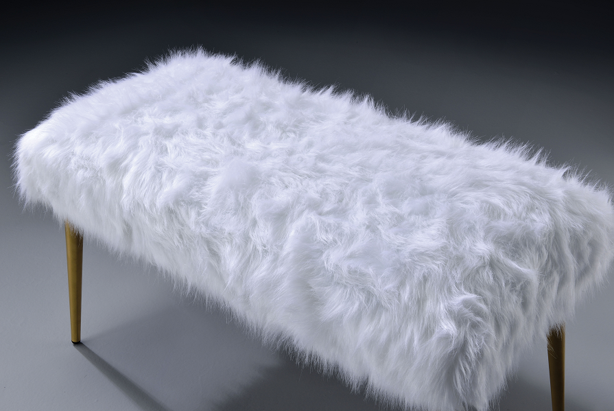 Bagley II White Faux Fur & Gold Bench - U&U Home Budget Furniture (Carteret, NJ)