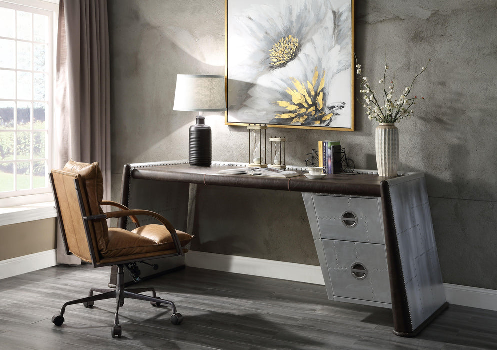 Brancaster Distress Chocolate Top Grain Leather & Aluminum Desk - U&U Home Budget Furniture (Carteret, NJ)