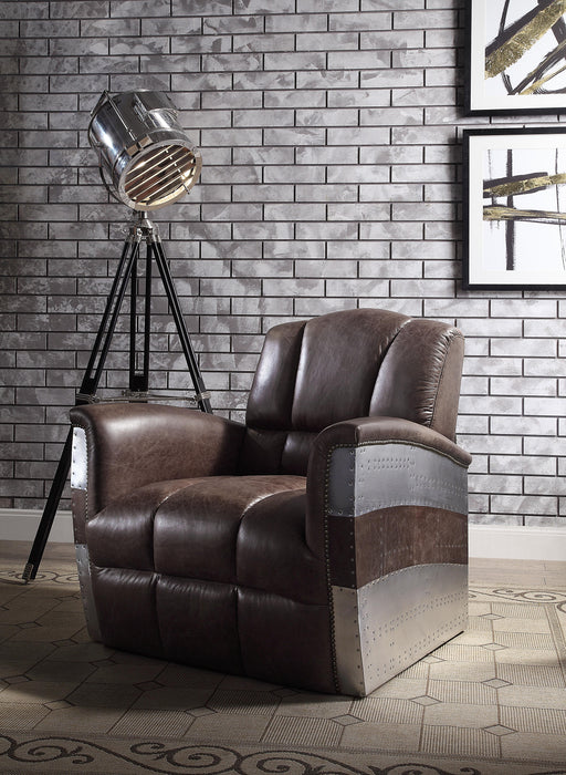 Brancaster Retro Brown Top Grain Leather & Aluminum Accent Chair - U&U Home Budget Furniture (Carteret, NJ)